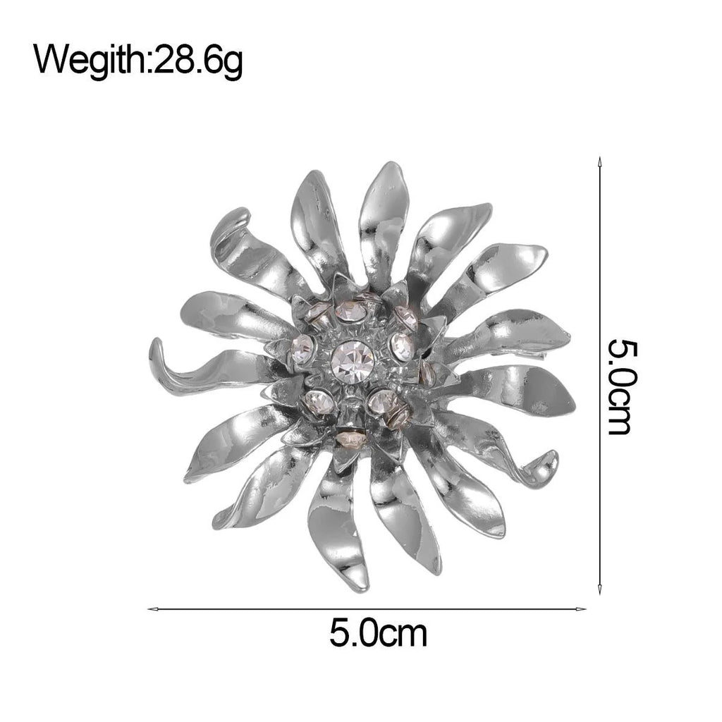 Elegant Silver Alloy Flower Brooch With Rhinestone Center, Luxury Lapel Pin Corsage For Coat Sweater Gift