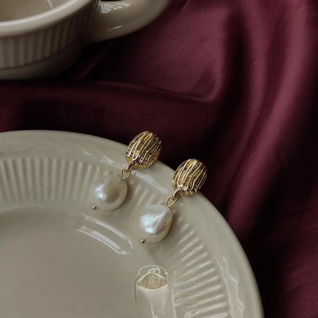 Vintage Baroque Freshwater Pearl Stud Earrings 14K Gold Plated Handmade Geometric Jewelry