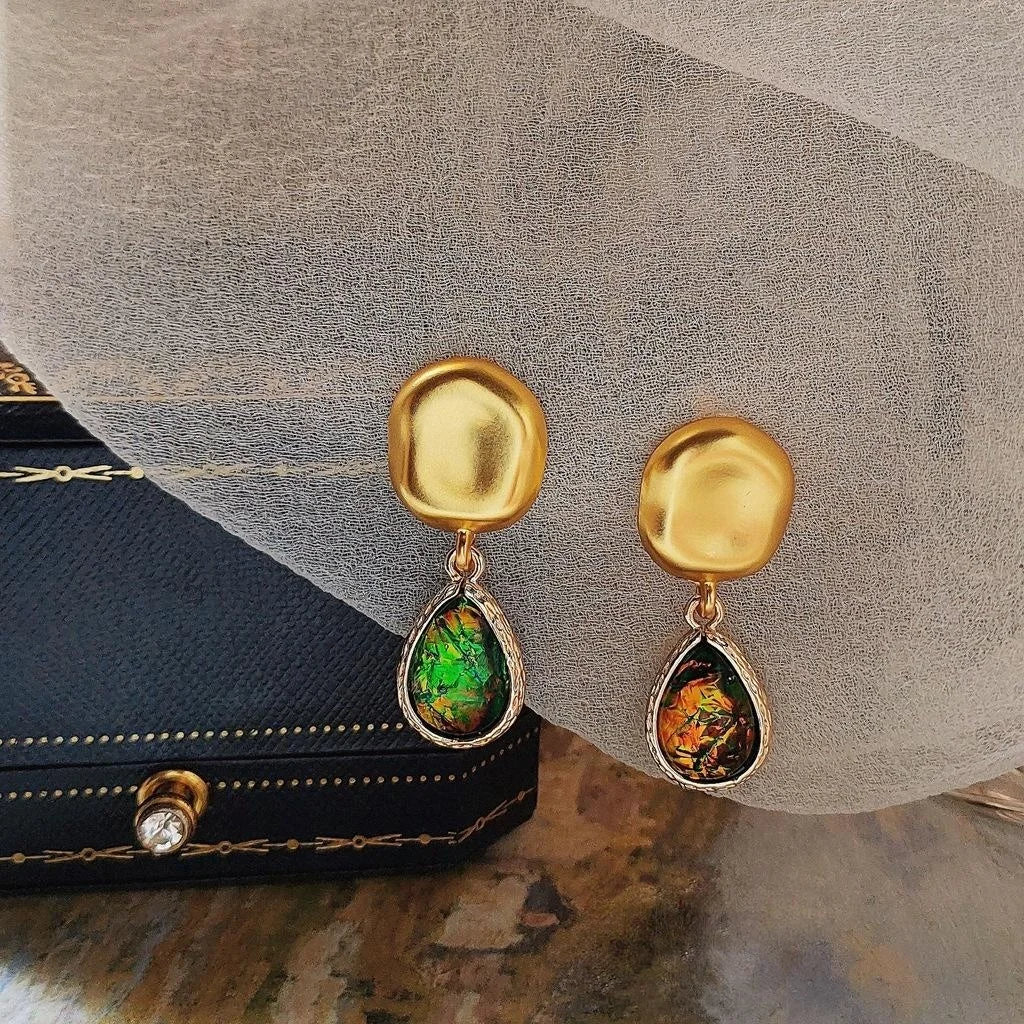 Vintage Abalone Shell Teardrop Stud Earrings Copper French Palace Style Jewelry