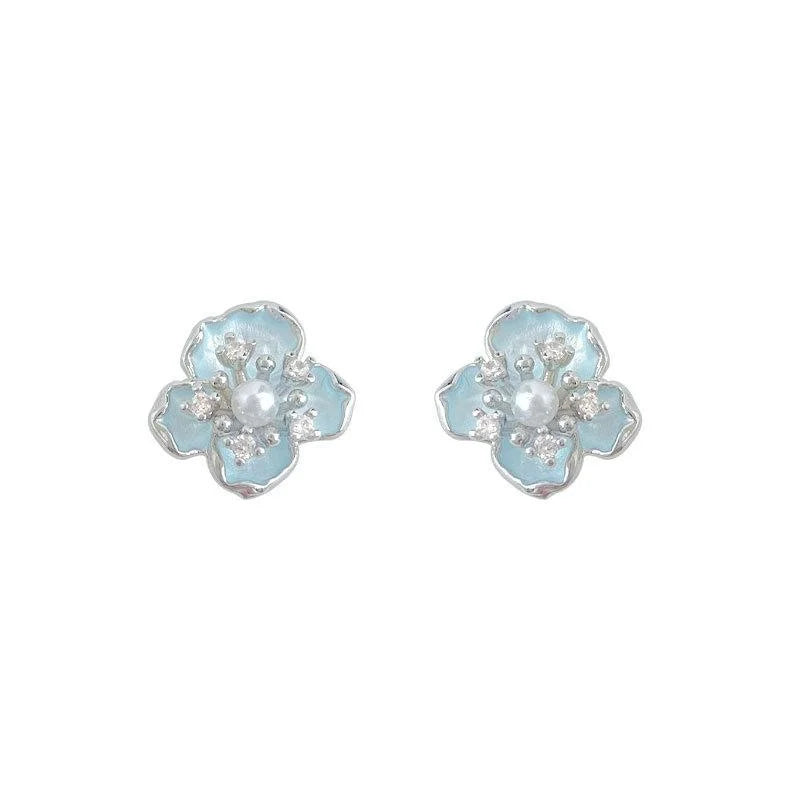Fresh Sweet Minimalist 3D Blue Flower Stud Earrings Copper Hand Painted Zircon Jewelry