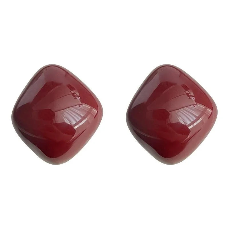 14K Plated Copper Wine Red Enamel Geometric Stud Earrings French Vintage Style