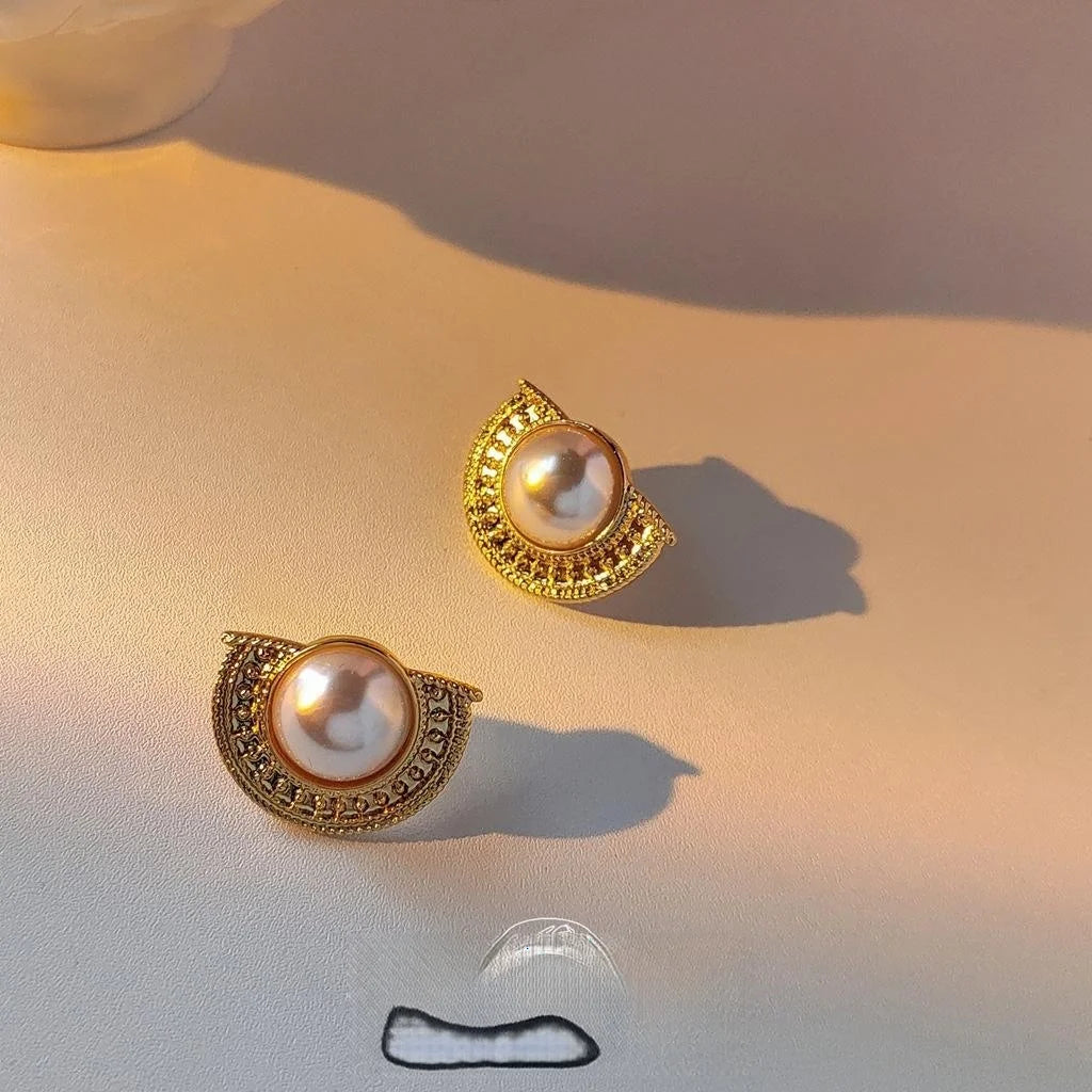 Vintage Palace Style 14K Plated Copper Half Round Geometric Pearl Stud Earrings