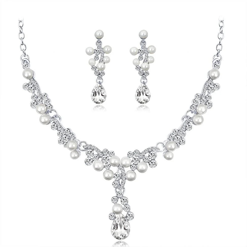 Elegant Bridal Pearl Rhinestone Crystal Drop Earrings And Necklace Jewelry Set For Wedding Party Banquet Gift