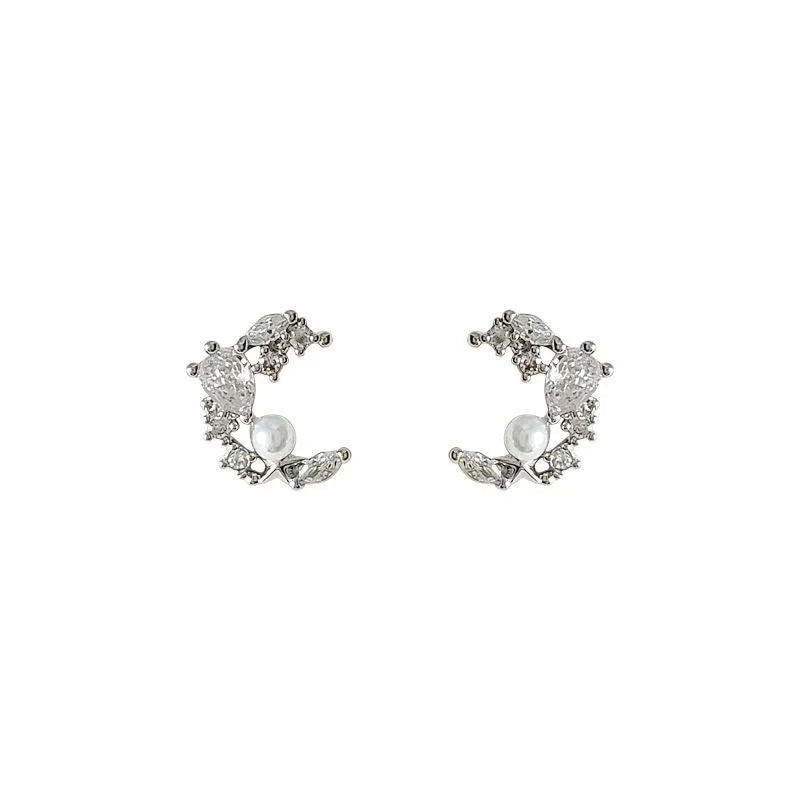 Sparkling Micro Pave Zircon Moon Stud Earrings, Silver Plated Copper Minimalist Jewelry