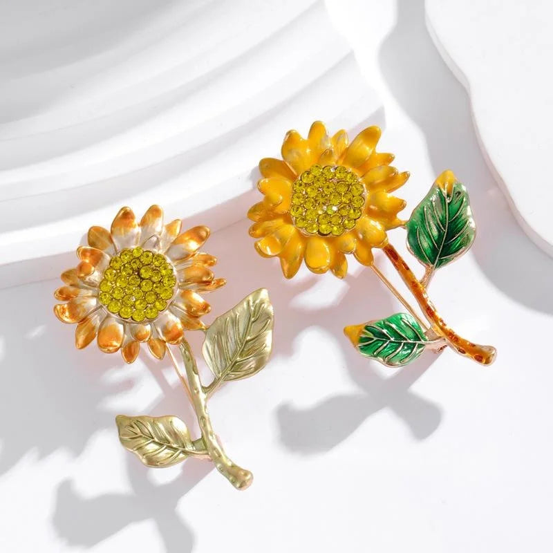 Elegant Korean Style Rhinestone Enamel Sunflower Brooch, Creative Floral Lapel Pin Corsage Gift
