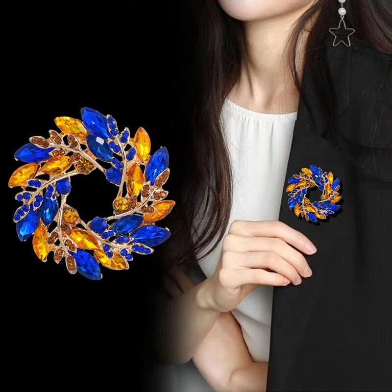 Elegant Blue Amber Rhinestone Leaf Wheat Wreath Brooch, Gold Tone Alloy Lapel Pin Corsage Suit Accessory