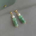 New Chinese Copper Green Jade Glass Bamboo Bead Stud Earrings Elegant Geometric Style