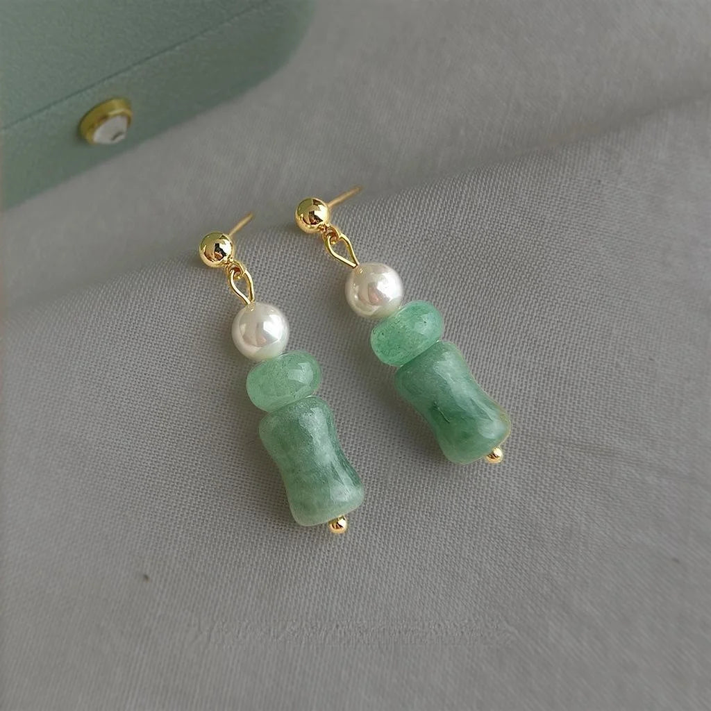 New Chinese Copper Green Jade Glass Bamboo Bead Stud Earrings Elegant Geometric Style