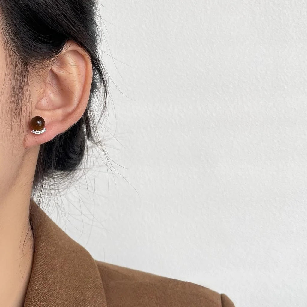 Maillard Style Tiger Eye Stone Stud Earrings With Zircon Micro Pave Round Geometric French Jewelry