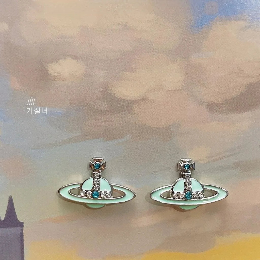 Milk Blue Saturn Stud Earrings Copper Enamel Star Planet Sweet Cool Jewelry