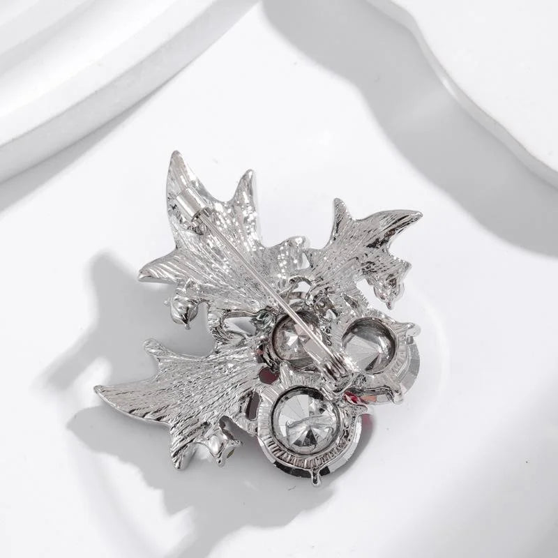 Elegant Christmas Red Cherry Brooch With Green Enamel Holly Leaves Rhinestone Lapel Pin Suit Gift