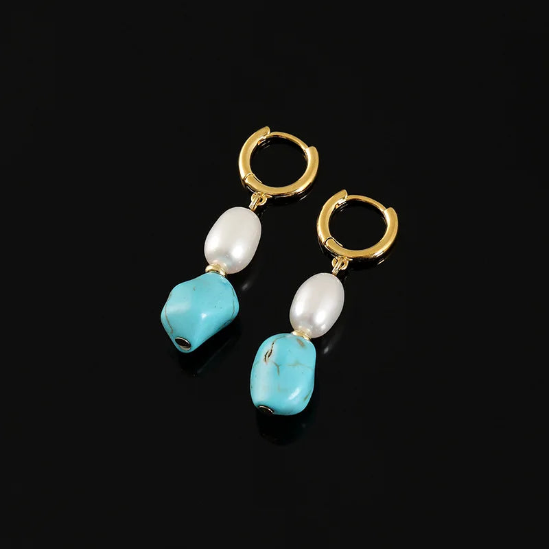 Elegant Irregular Turquoise Stone Freshwater Pearl Spiral Stud & Clip On No Piercing Drop Earrings