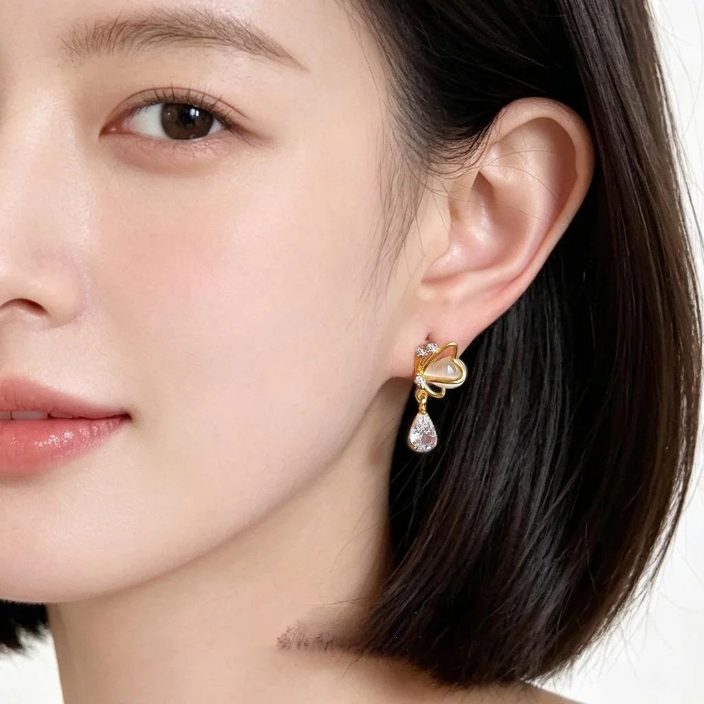 14K Plated Eco Copper Butterfly Zircon Cat Eye Stone Stud Earrings For Women