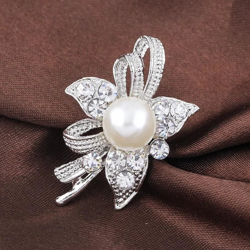 Elegant Pearl Flower Brooch With Rhinestone Alloy Petals, Bridal Corsage Lapel Pin And Suit Accessory Gift