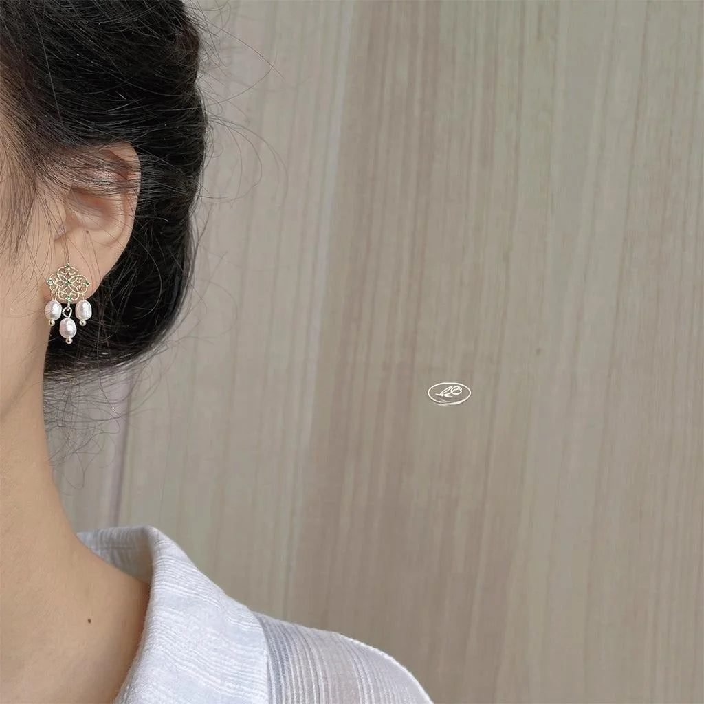 French Vintage Freshwater Pearl Zircon 14K Gold Plated Copper Hollow Lace Dreamcatcher Stud Earrings