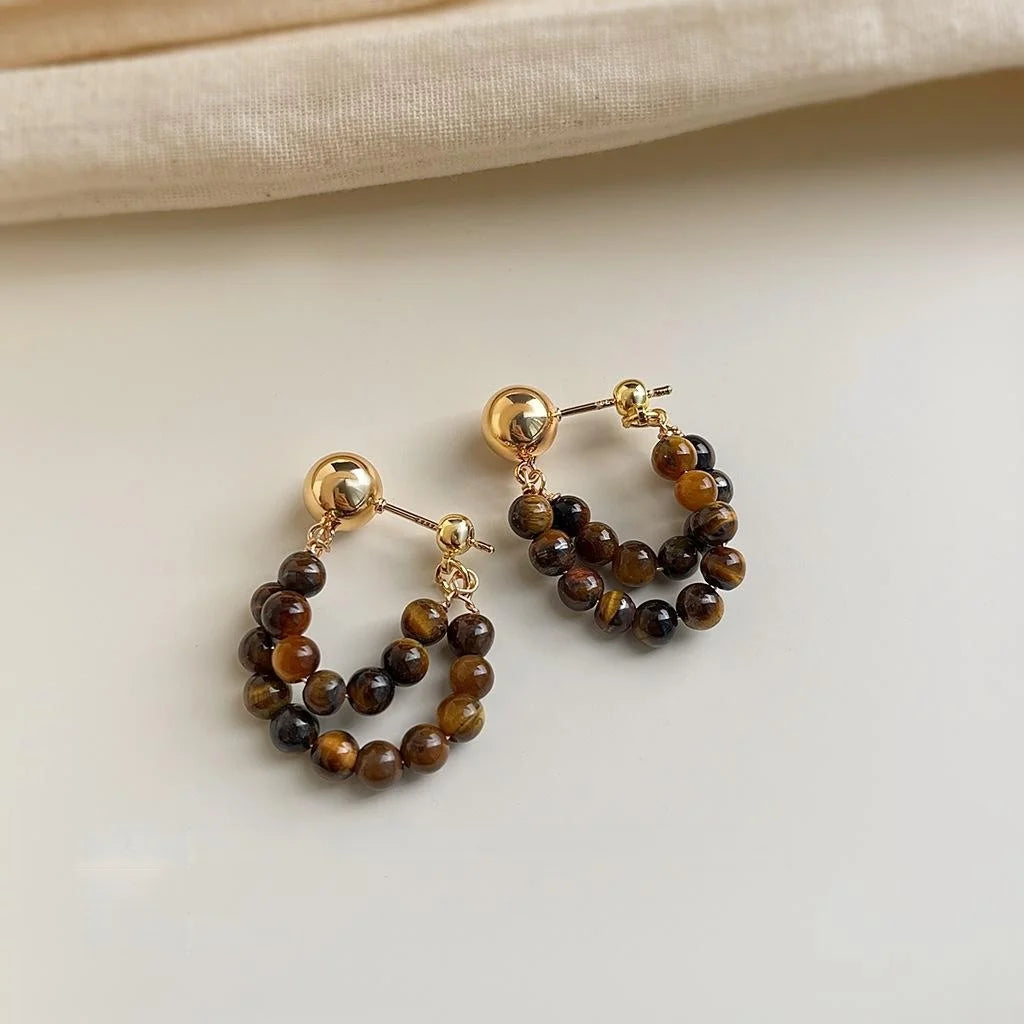 Maillard Style Tiger Eye Natural Stone Drop Earrings, U-Shaped Copper Geometric Front-Back Jewelry