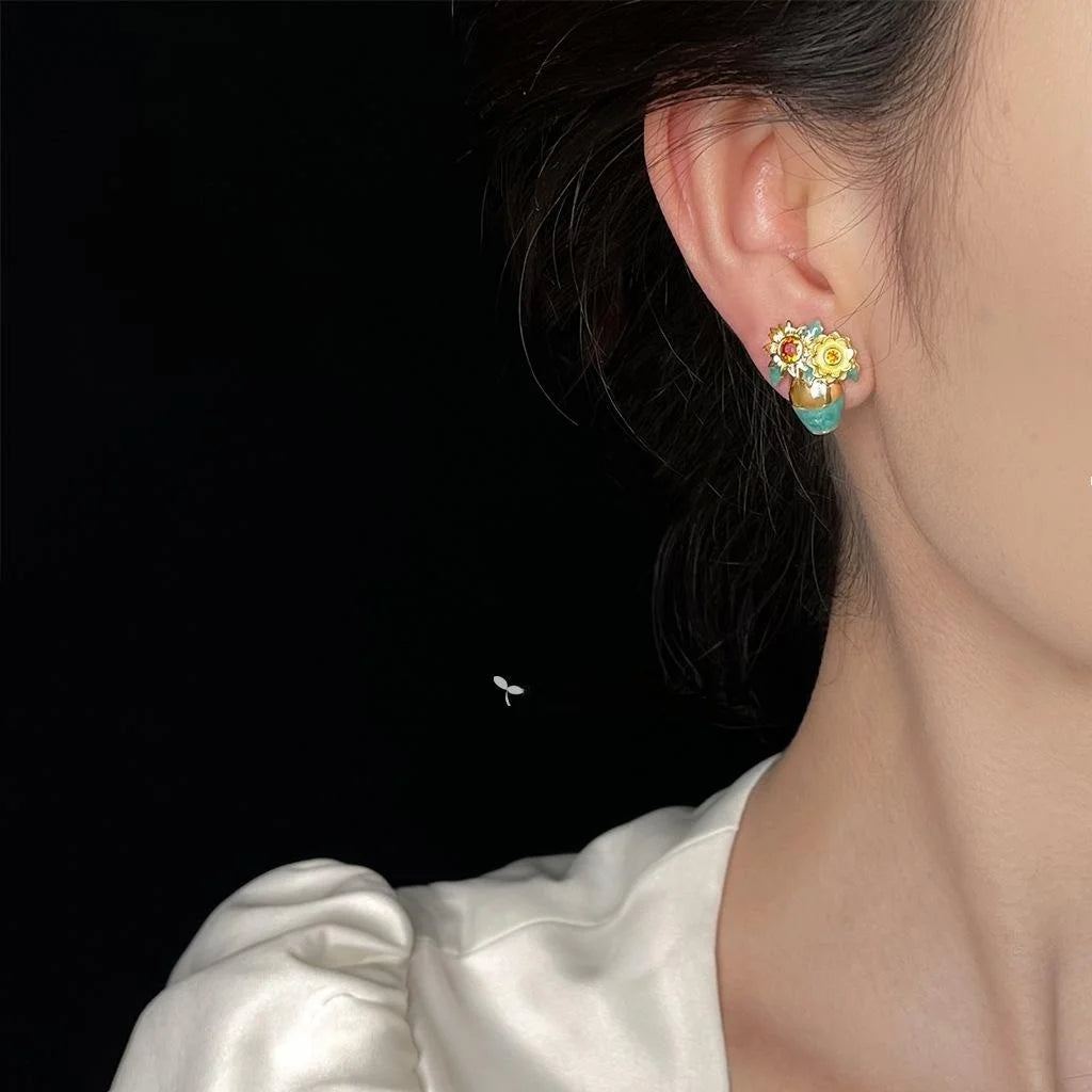 Luxury Designer Sunflower Enamel Stud Earrings 14K Plated Copper Micro Pave Zircon Jewelry