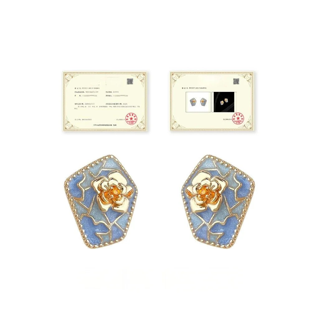 Original Flower Stud Earrings Eco Copper Haze Blue Court Style Designer Jewelry
