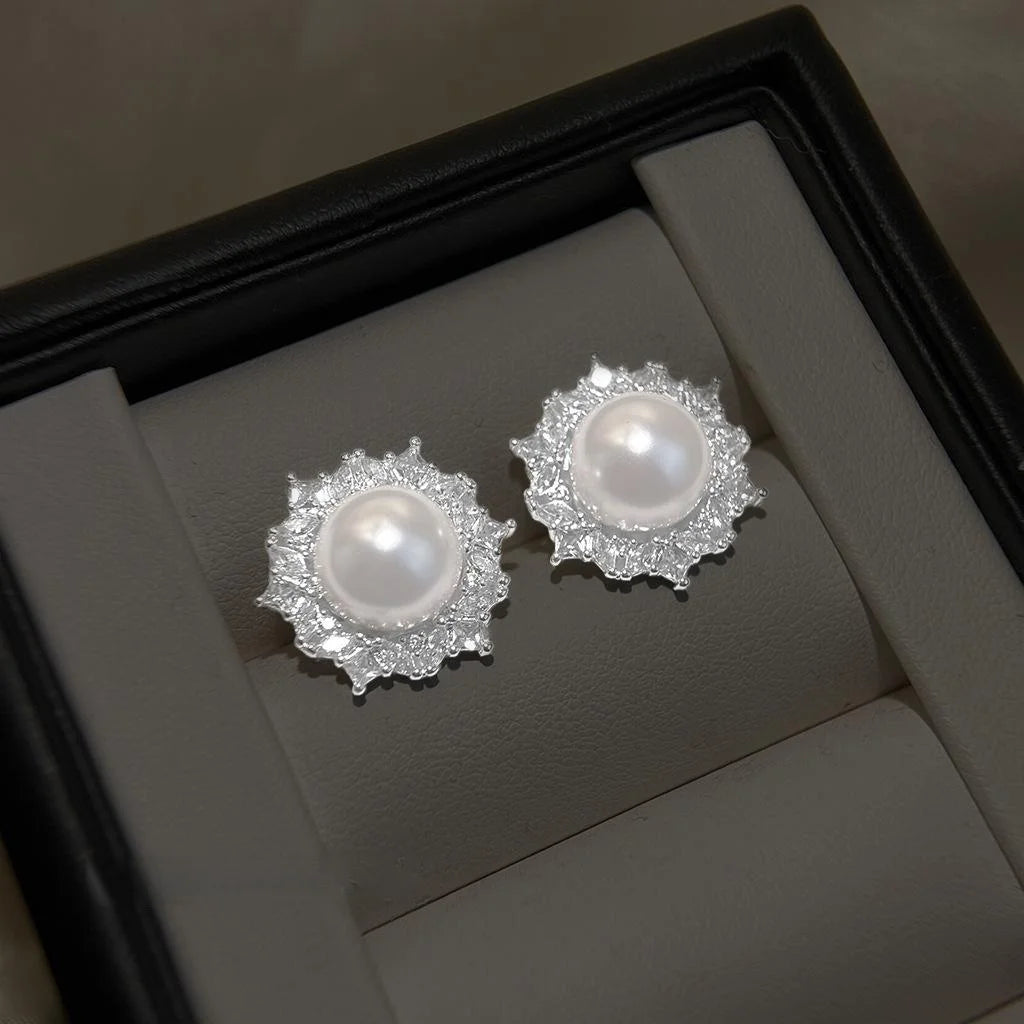 Elegant Round Geometric Zircon Glass Pearl Copper Stud Earrings