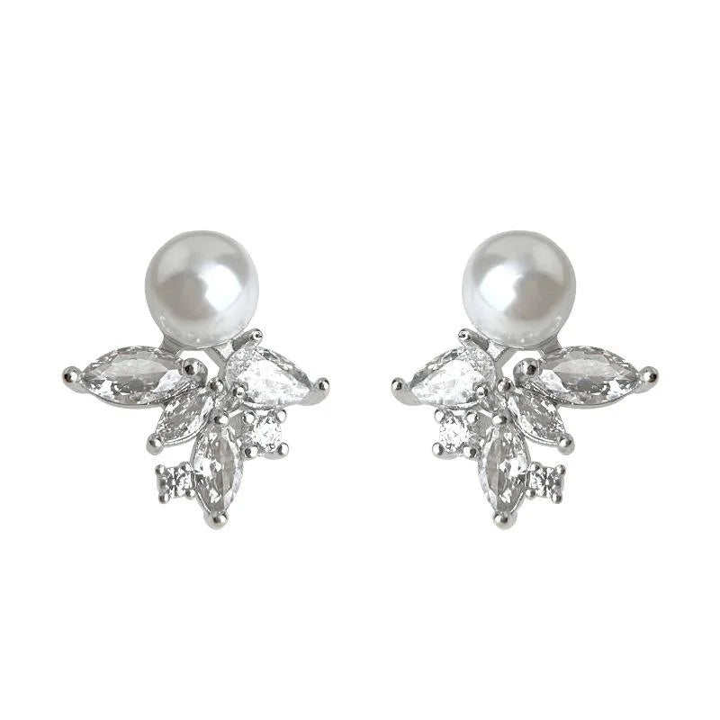 Copper Micro Pave Zircon Pearl Ice Flower Stud Earrings For Women