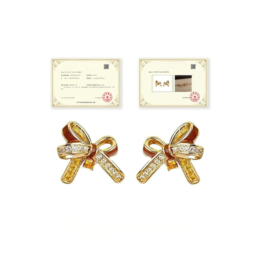 Burgundy Bowknot Micro Pave Zircon Copper Stud Earrings Elegant Fashion Jewelry