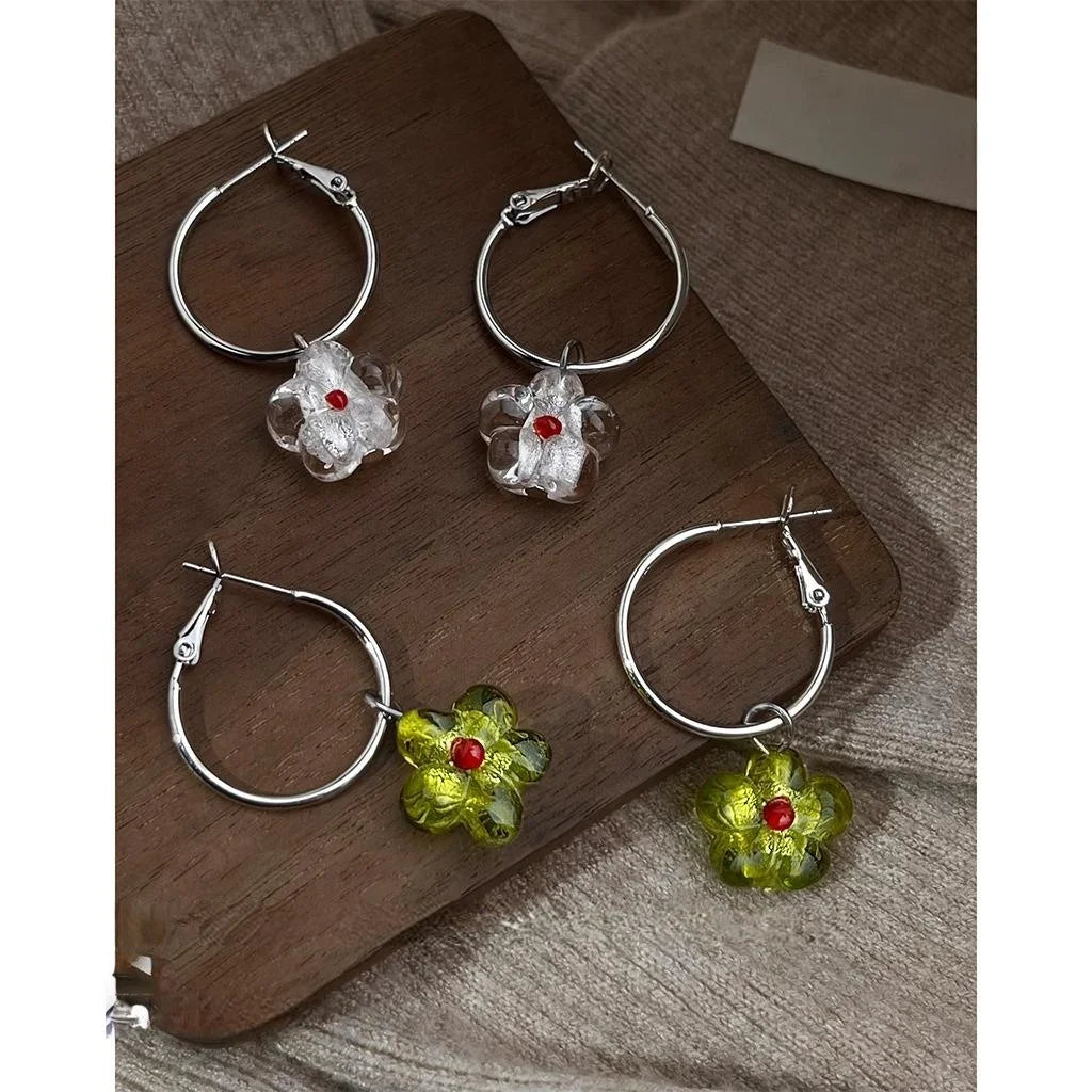 French Style Glass Liuli Flower Stud Earrings, Silver Plated Copper Summer Jewelry