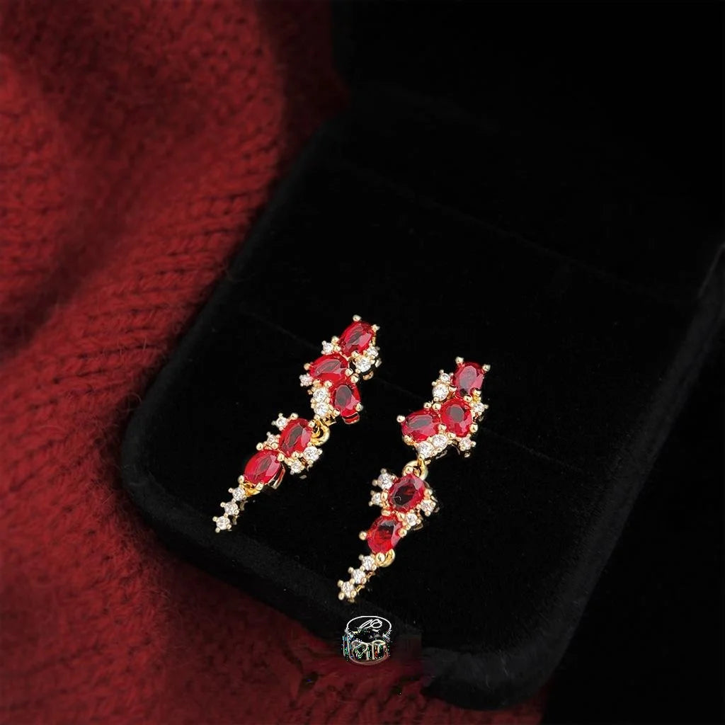 Old Money Burgundy Zircon Wheat Tassel Drop Earrings With Copper Geometric Design