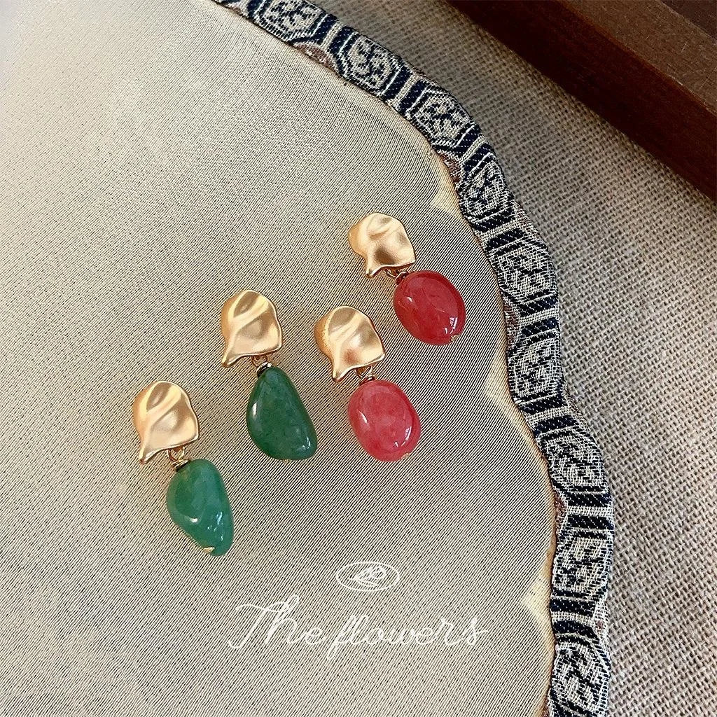 Handmade New Chinese Copper Aventurine Jade Irregular Geometric Drop Earrings