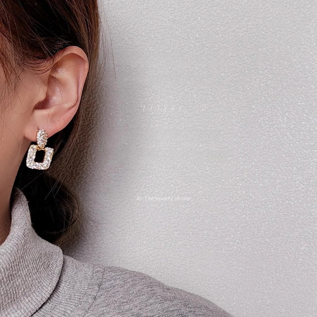 14K Plated Copper Square Geometric Micro Pave Zircon Stud Earrings Korean Style For Women