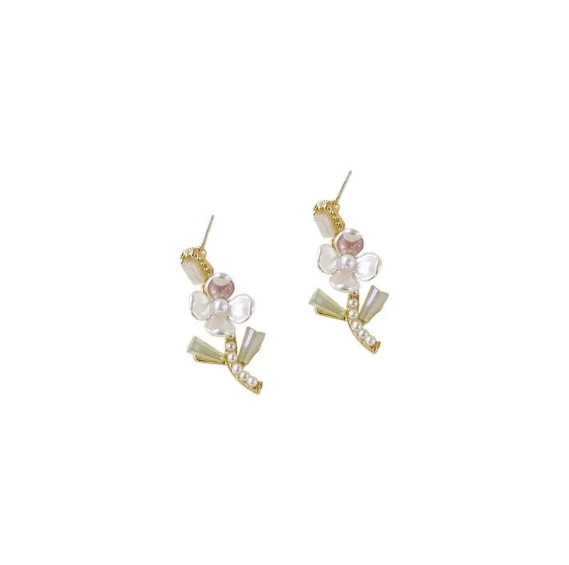14K Gold Plated Copper Flower Stud Earrings, Vintage Summer Green Style