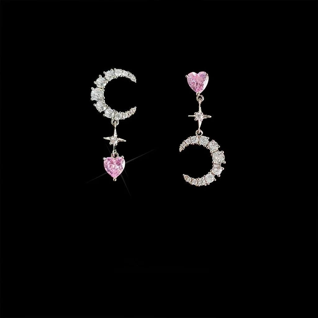 Sweet Asymmetric Moon Heart Star Zircon Micro Pave Copper Stud Earrings For Women