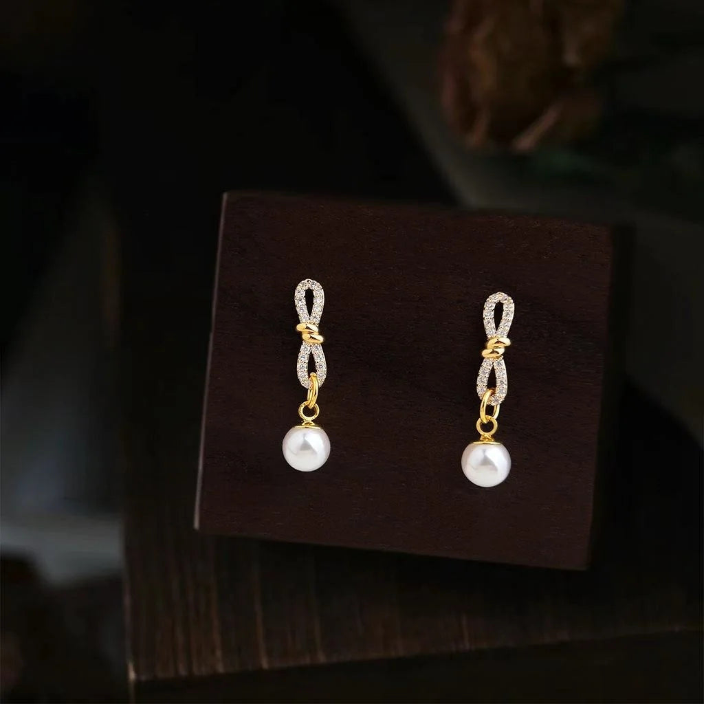 Fashion Geometric Rope Knot Pearl Stud Earrings Eco-Friendly Copper Micro Pave Zircon Silver Plated Jewelry