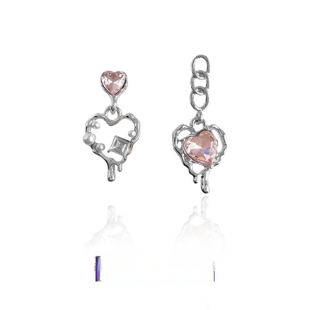 Sweet Cool Asymmetric Pink Rhinestone Heart Chain Drop Earrings For Women