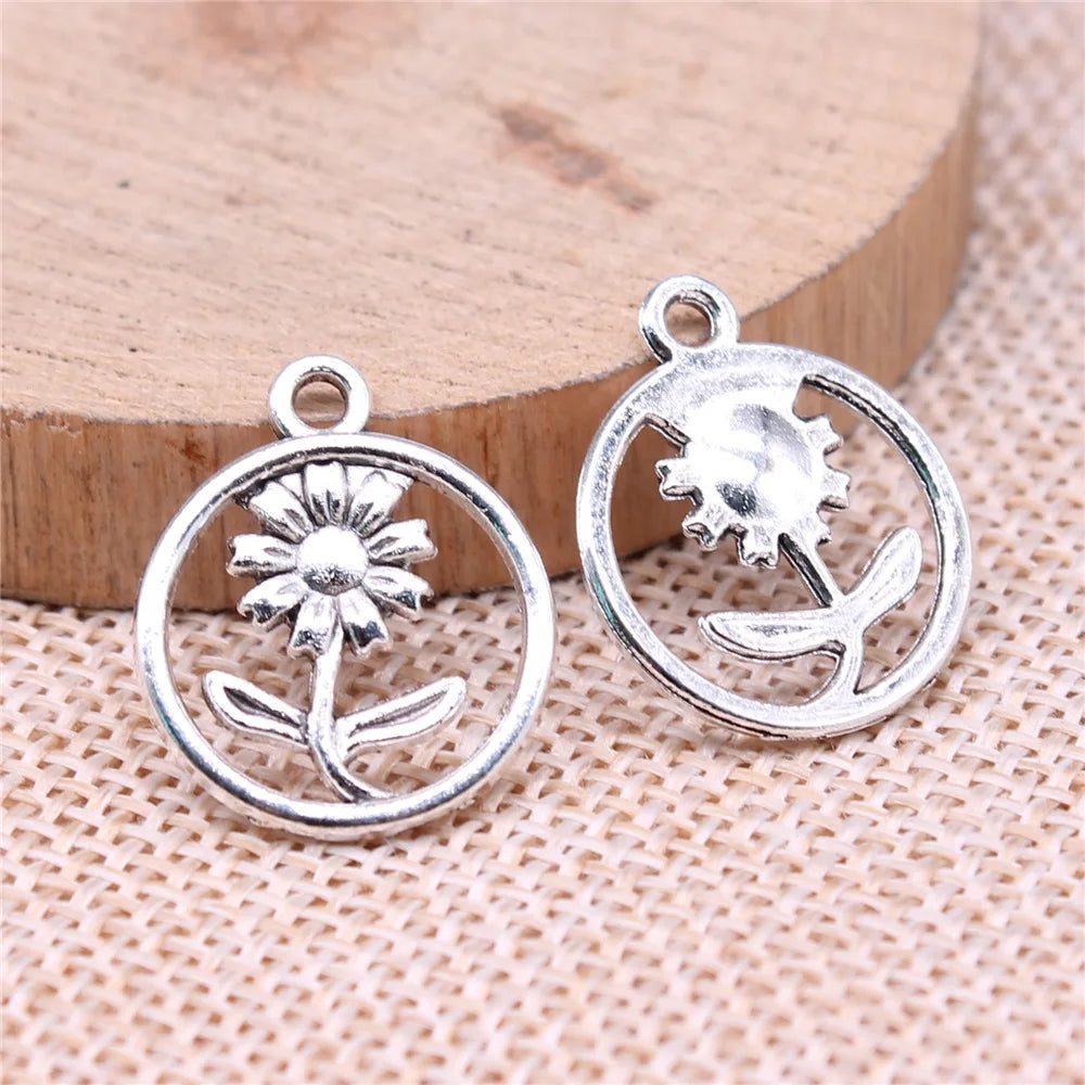 17mm 1.3g Antique Silver Zinc Alloy Flower Charm Pendant for DIY Vintage Jewelry Making