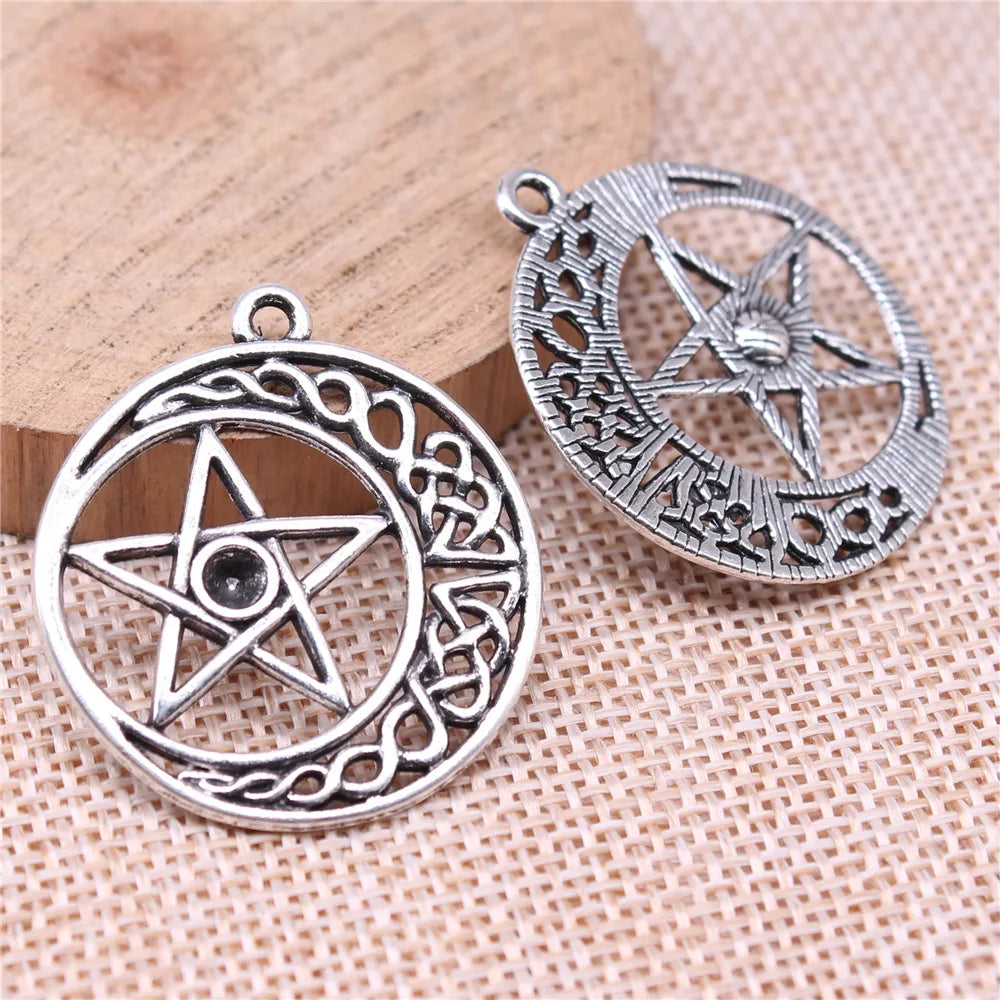33x30mm 3.1g Antique Silver Zinc Alloy Five Point Star Crescent Moon Charm Pendant for DIY Jewelry Making