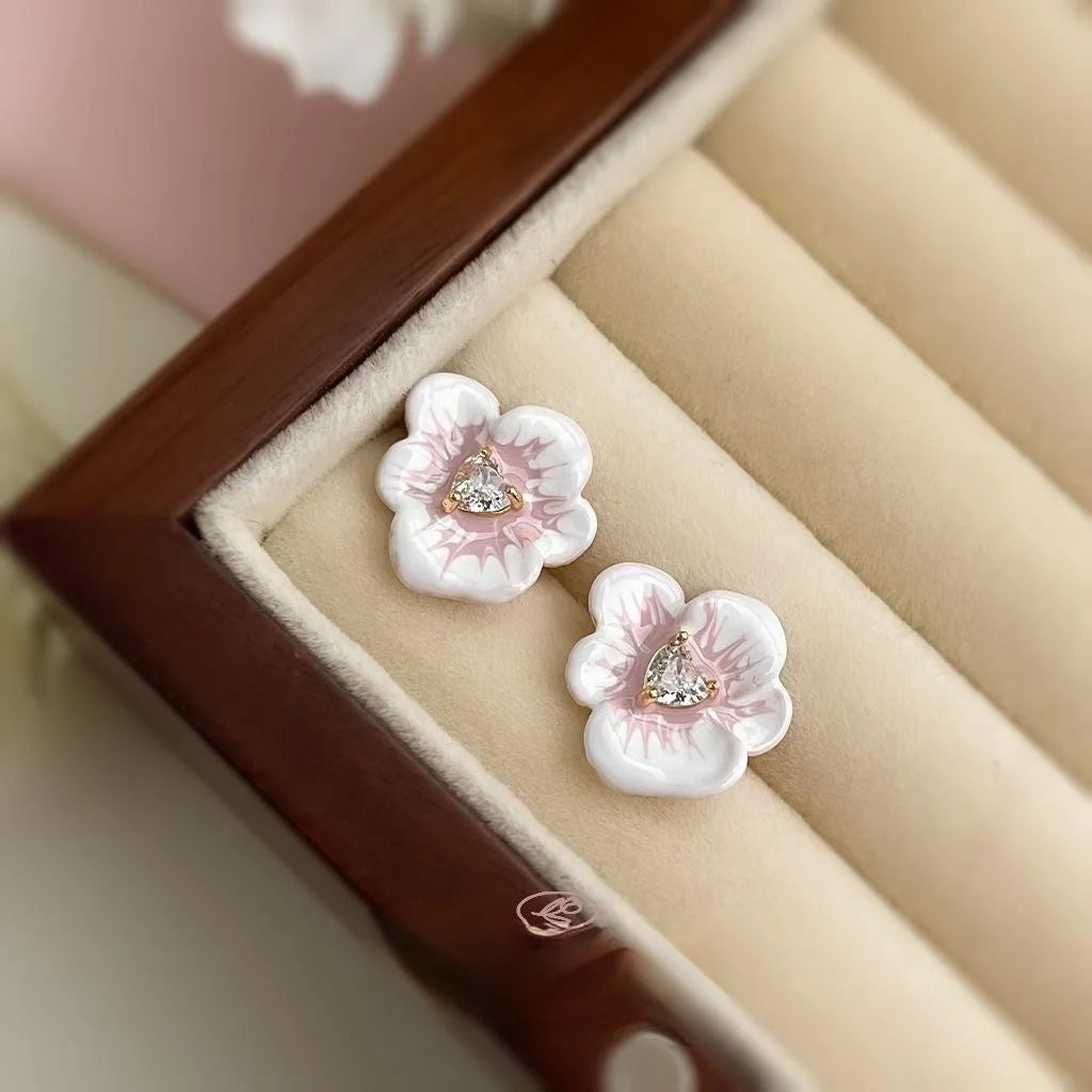 Sweet Enamel 3D Flower Stud Earrings Copper Micro Pave Zircon Office Jewelry