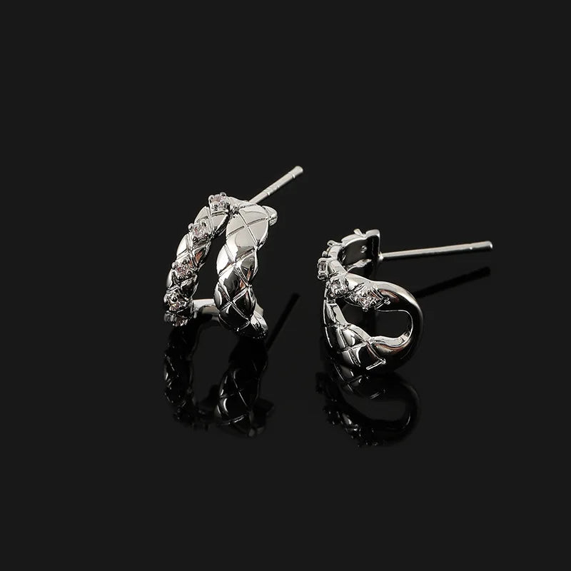 Elegant Silver Alloy Double Hoop Rhinestone Lattice Twist Stud & Clip On No Piercing Earrings