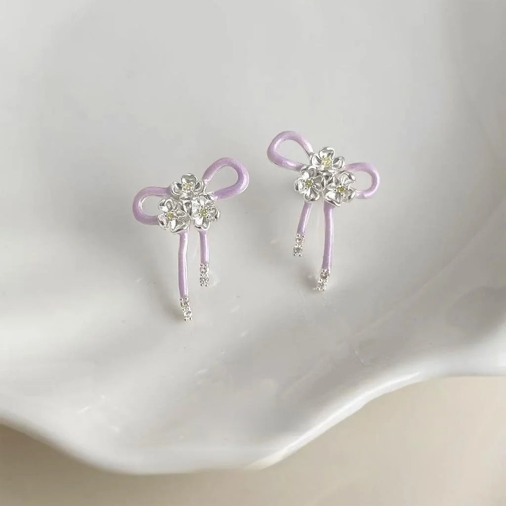 Eco-Friendly Copper Enamel Glazed Light Purple Bow Drop Earrings Sweet Fashion Jewelry