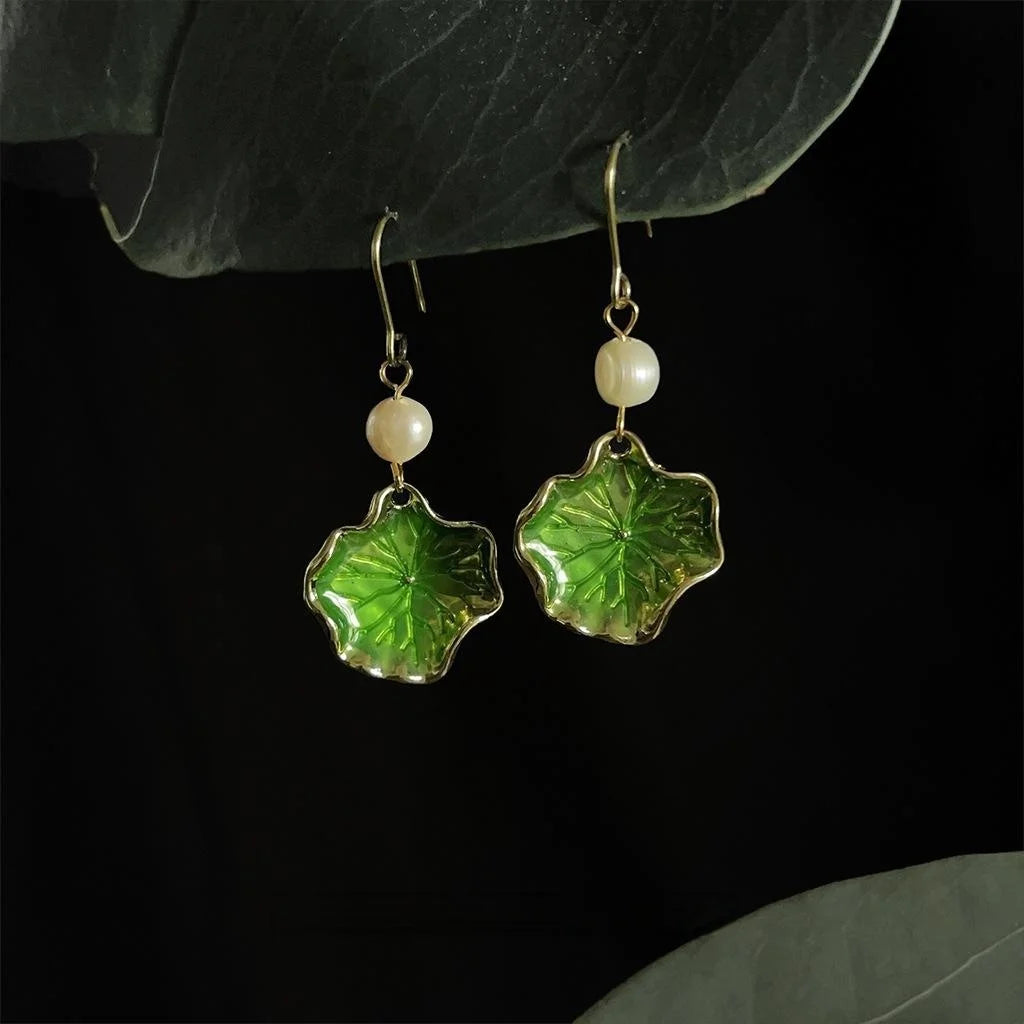 New Chinese 14K Gold Plated Copper Freshwater Pearl Lotus Leaf Enamel Drop Earrings