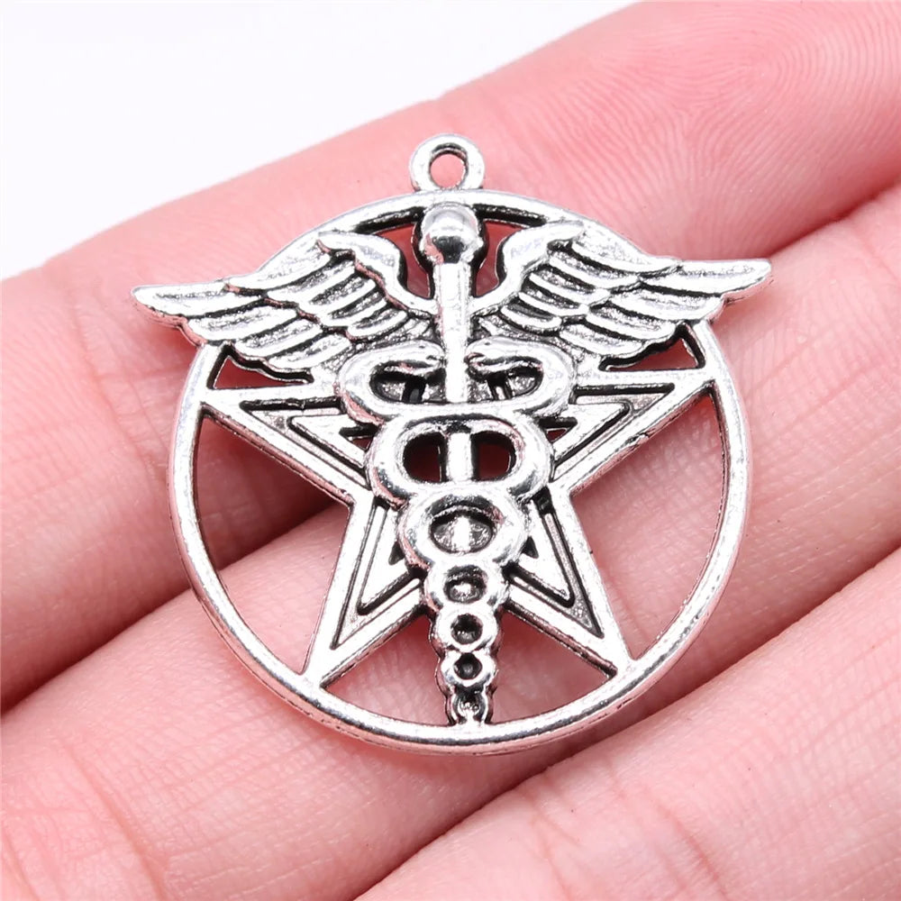 33x33mm 7.85g Antique Silver Tone Zinc Alloy Medical Staff Five Point Star Charm Pendant for DIY Jewelry