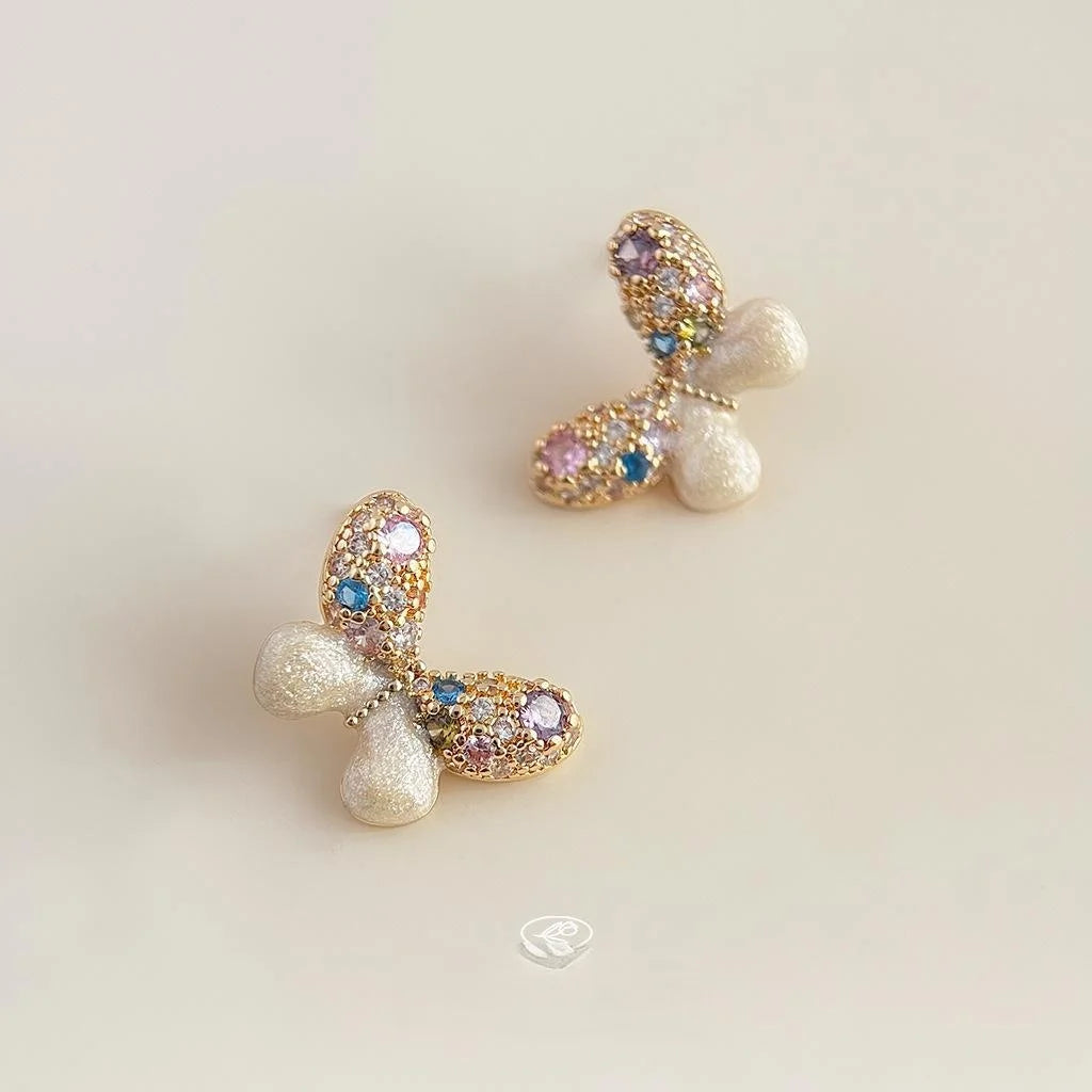 14K Gold Plated Copper Butterfly Stud Earrings With Colorful Zircon Micro Pave And Enamel