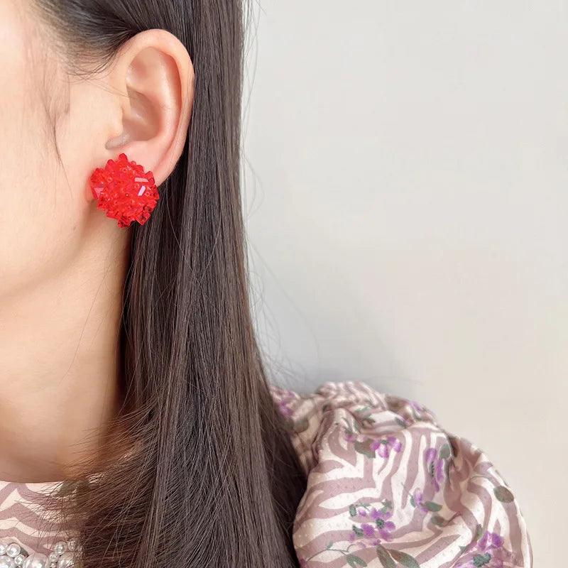 Sweet Red Crystal Beaded Flower Stud & Clip On No Piercing Handmade Statement Womens Earrings