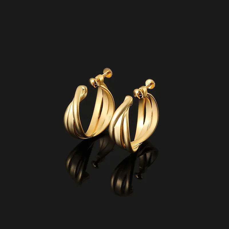 Elegant Matte Gold Alloy Cross C Hoop Stud & Clip On No Piercing Spiral Twist Statement Earrings