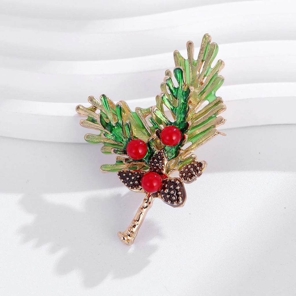 Elegant Enamel Pine Needle Leaf And Pinecone Alloy Brooch With Red Berries, Festive Lapel Pin Gift