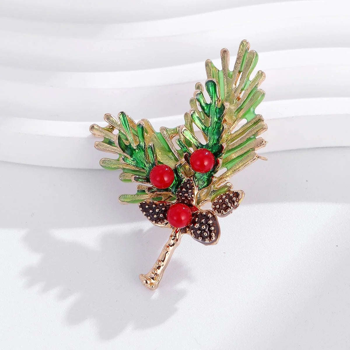 Elegant Enamel Pine Needle Leaf And Pinecone Alloy Brooch With Red Berries, Festive Lapel Pin Gift