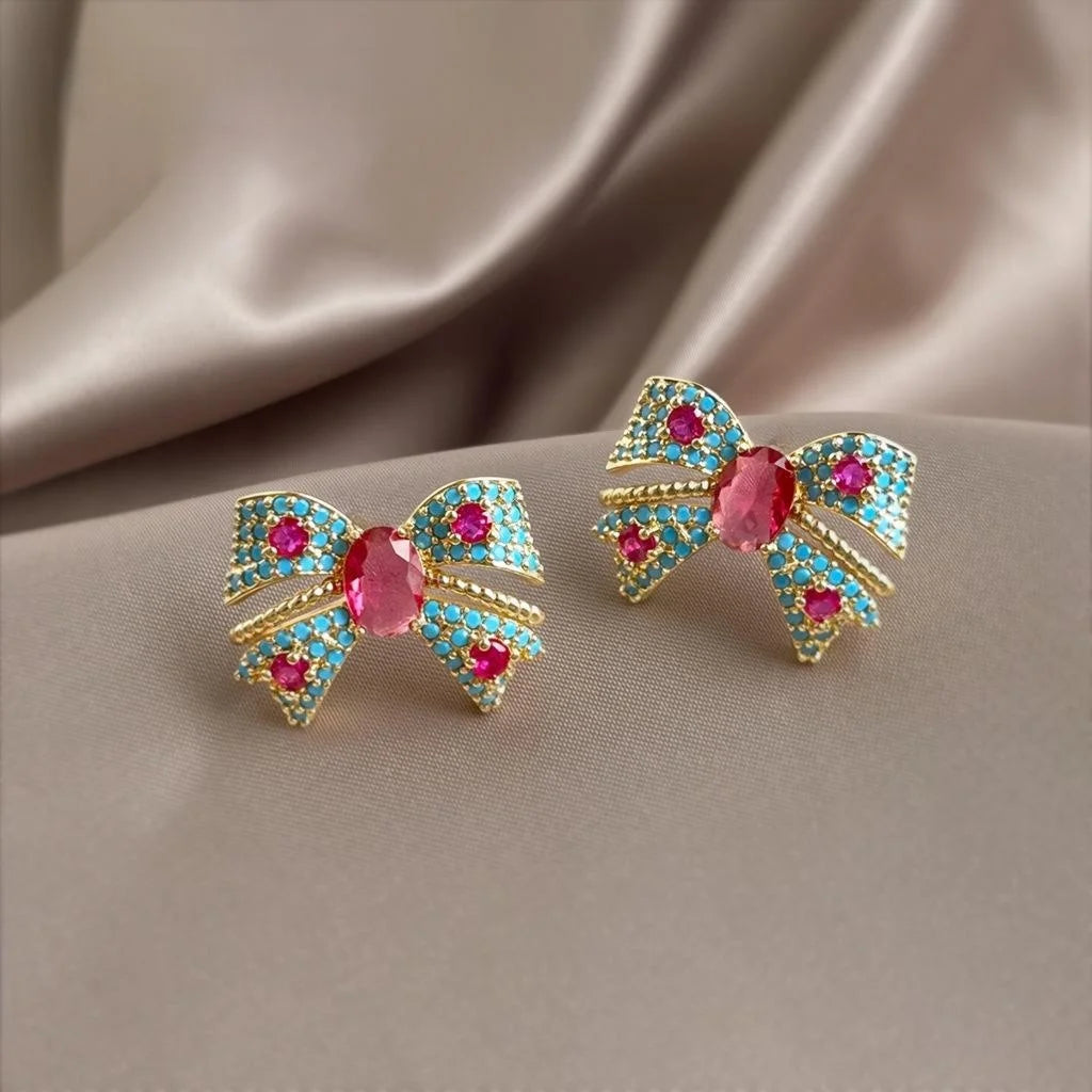 14K Plated Copper Blue Bow Stud Earrings With Micro Pave Zircon