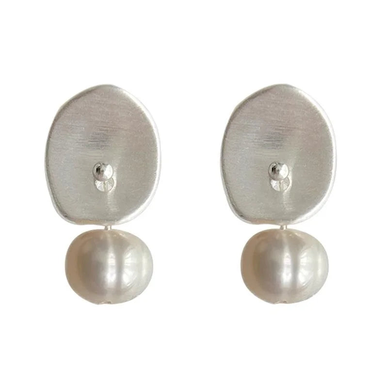 Matte Silver Brushed Copper Freshwater Pearl Irregular Geometric Drop Earrings For Women