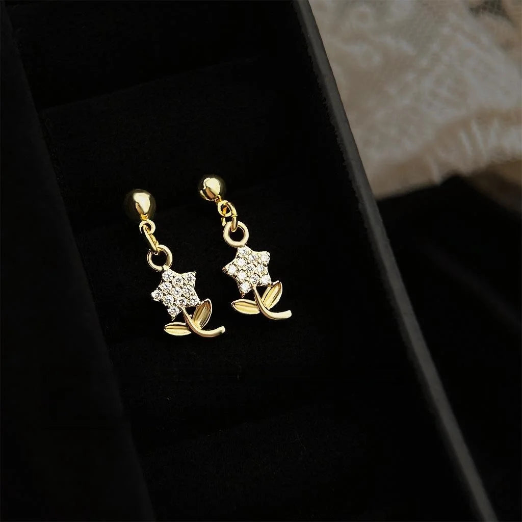 Fresh Sweet 14K Plated Micro Pave Zircon Flower Leaf Copper Drop Earrings