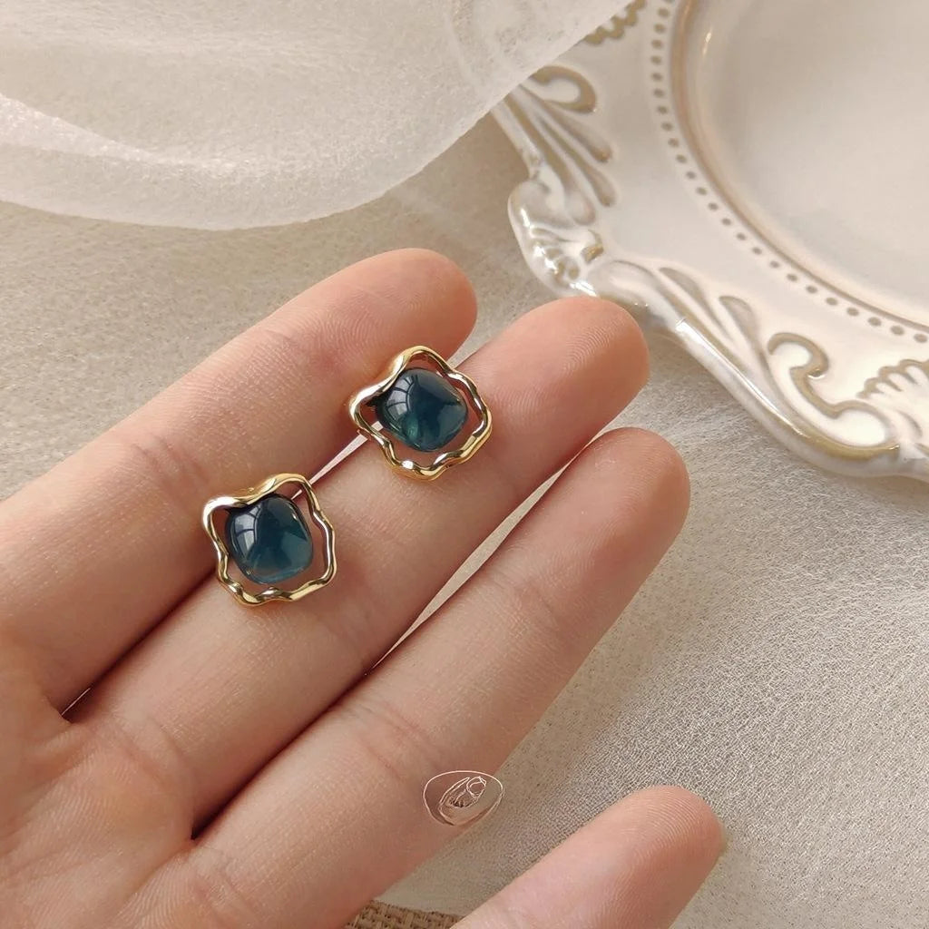 Haze Blue Vintage Square Alloy Resin 14K Plated Hollow Geometric Stud Earrings