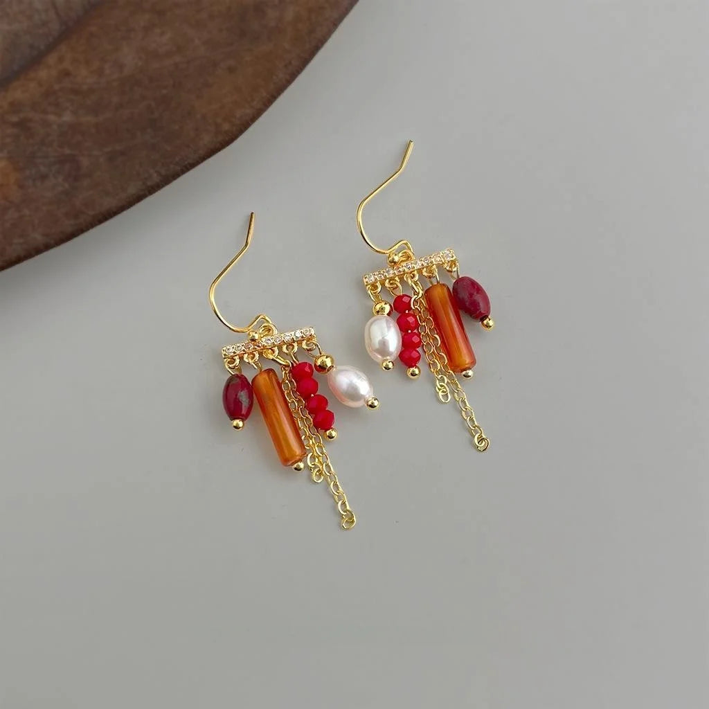 Bohemian Ethnic Handmade Copper Drop Earrings with Zircon Tassel, Freshwater Pearl and Natural Stone